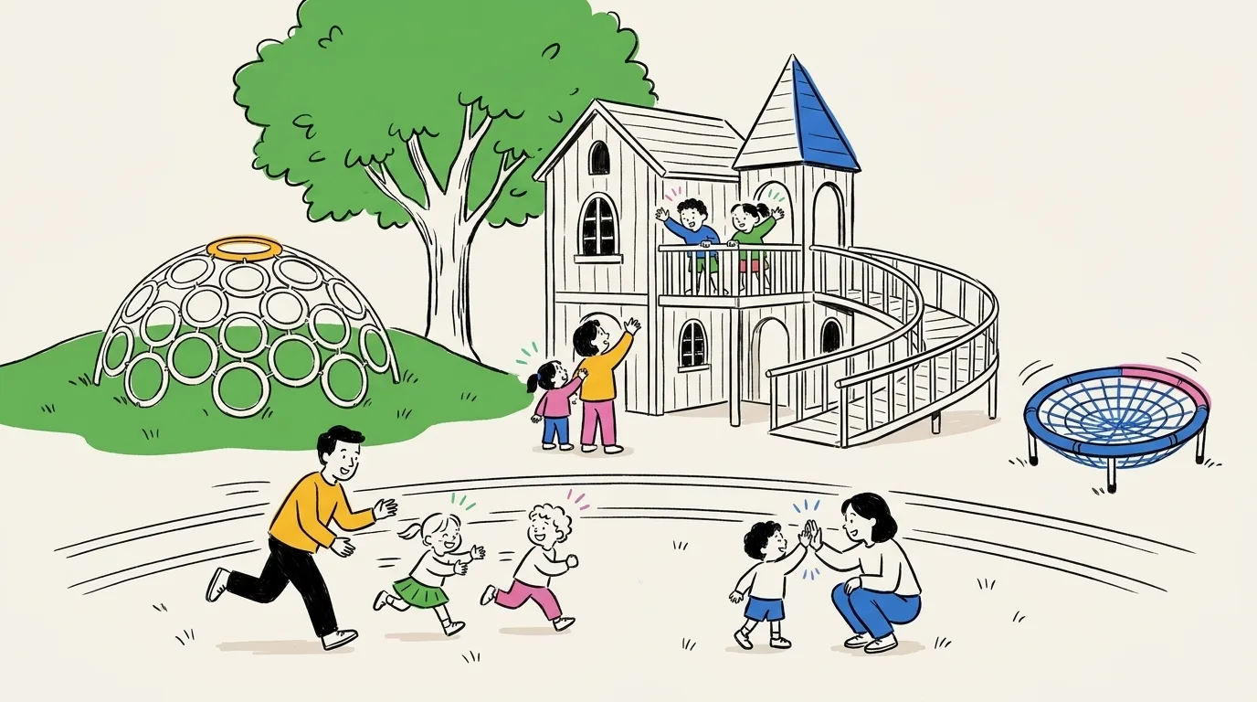 Parents and kids playing together at an inclusive playground with a two-story playhouse, a ring climbing dome, and a spinner