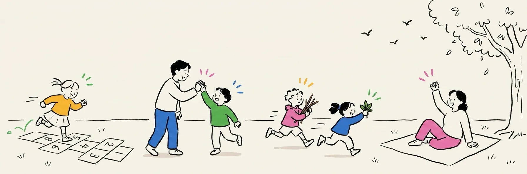 A meadow of parents and kids mid-game: a chalked hopscotch grid, a high-five, two kids racing back with sticks and leaves, and a parent cheering from a picnic blanket