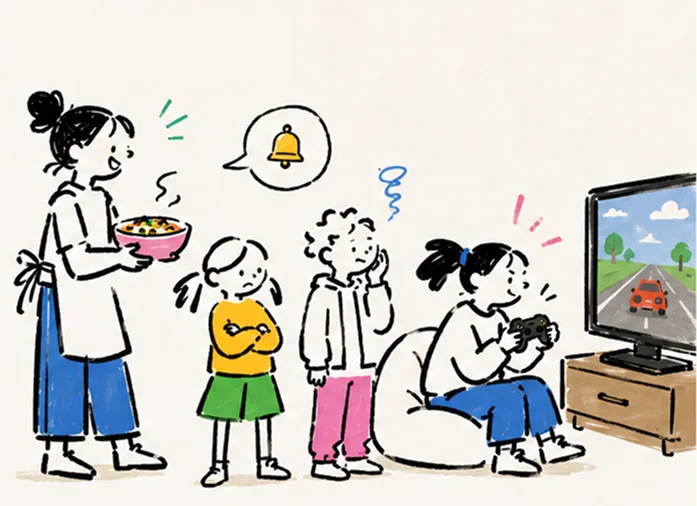 A parent carrying a bowl of food while a kid keeps playing