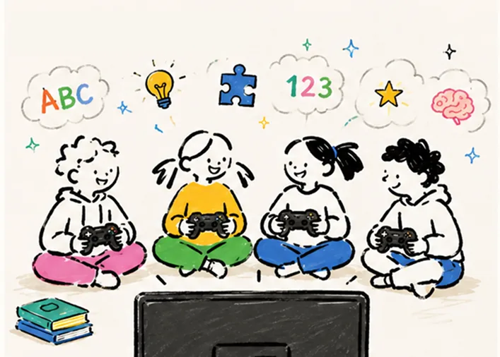 Four kids playing together with learning ideas above them