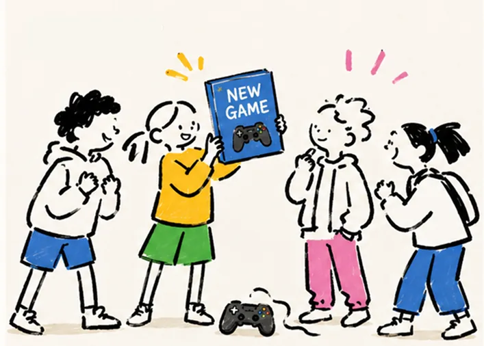 A kid holding up a new game box while friends cheer