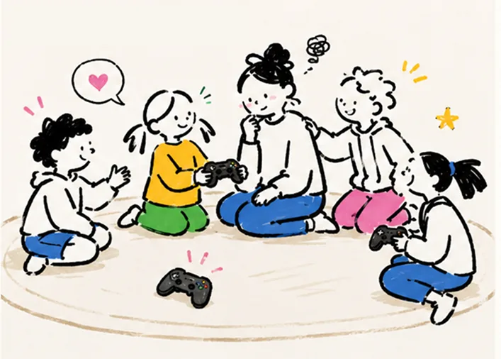A parent sitting on the floor playing games with kids