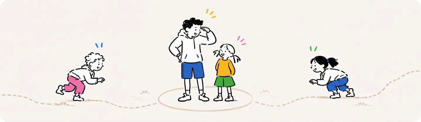 The seeker and a helper scan from their circle while two hidden kids creep closer along a dashed path