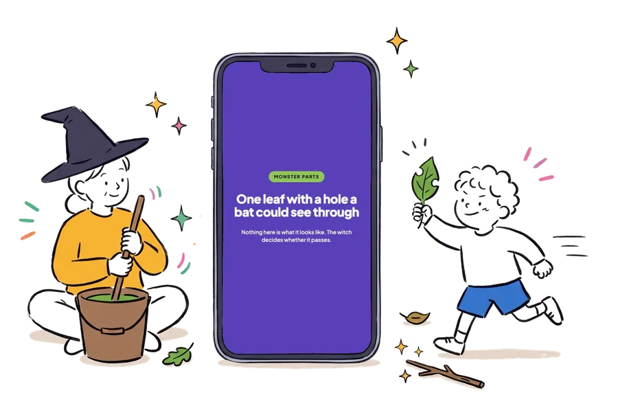 The ingredient generator on a phone, showing one leaf with a hole a bat could see through, while a grown-up in a witch hat stirs a bucket and a kid runs in with a leaf
