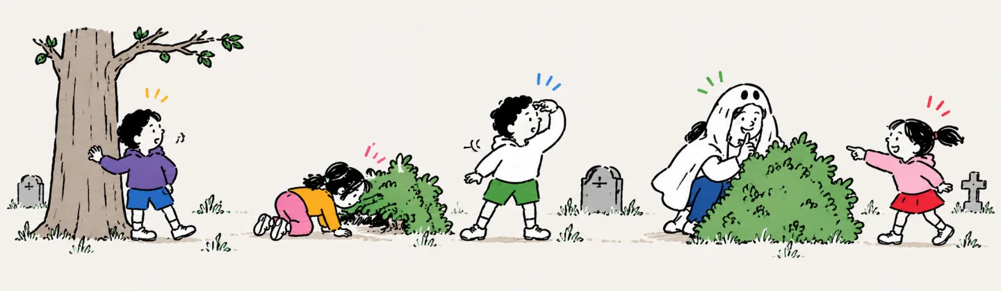 A kid touches a big tree that is base while others search the bushes, and one kid points and shouts at a grown-up hiding under a sheet behind a bush