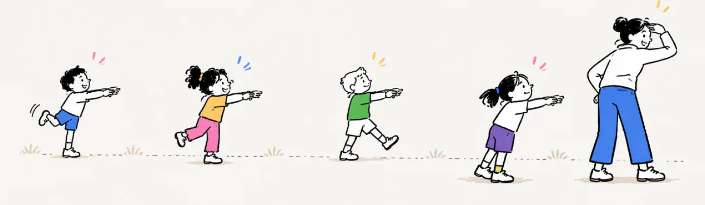 Four kids frozen mid-step in zombie poses with arms straight out, each at a different distance from a grown-up who has just turned around to look