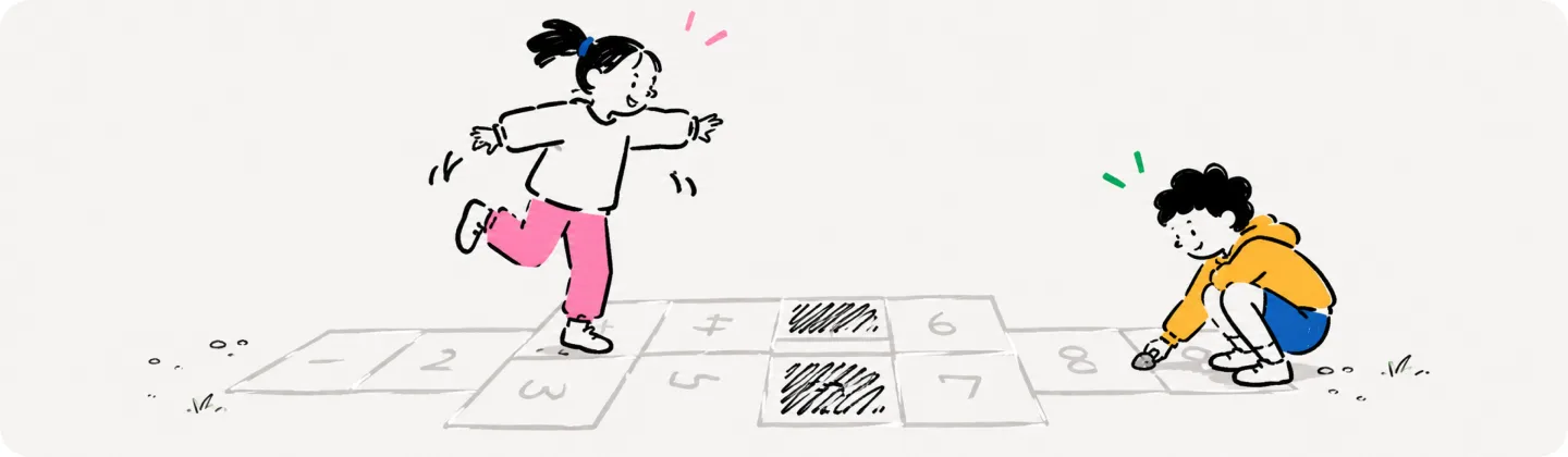 One kid hops the chalk grid on one foot while another marks a new lava square with a rock