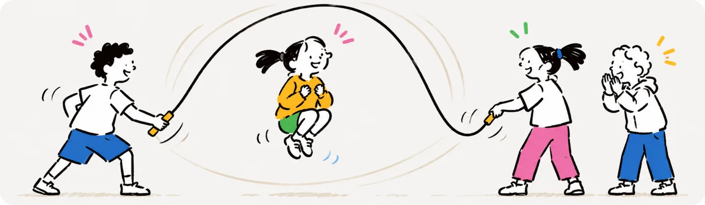 Two turners swing a long rope with a kid mid-jump at its center and another clapping the beat
