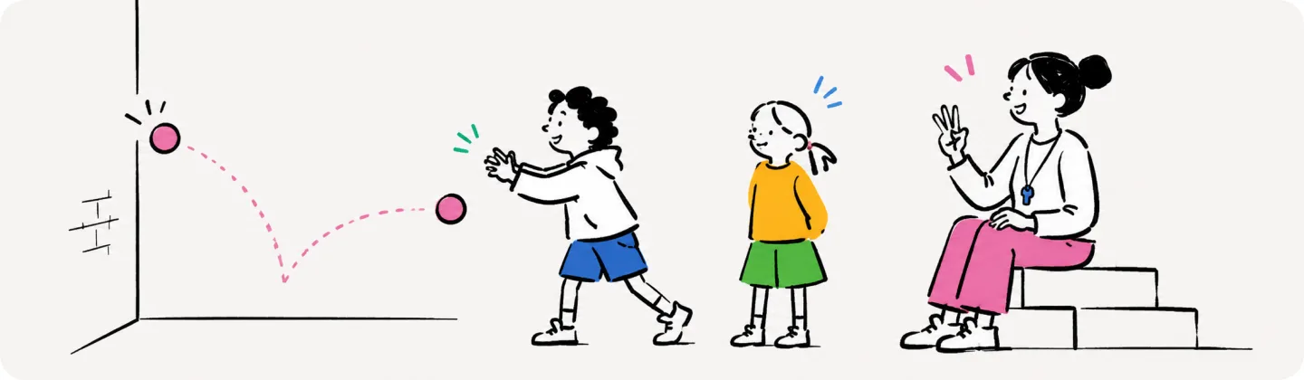A kid catches a ball rebounding off the wall while the next in line and a seated parent count along