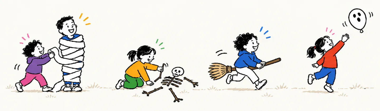 Four relay moments side by side: a kid wrapping a grown-up in toilet paper, a kid building a stick skeleton, a kid riding a broom, and a kid tapping a ghost balloon into the air