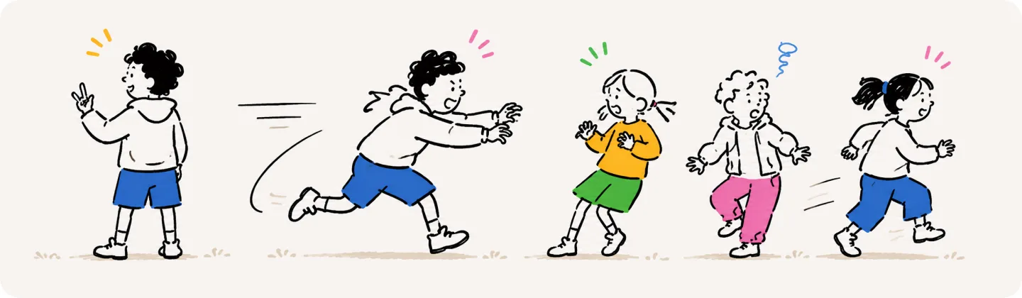 The wolf turns and chases as the line of kids scatters mid-step