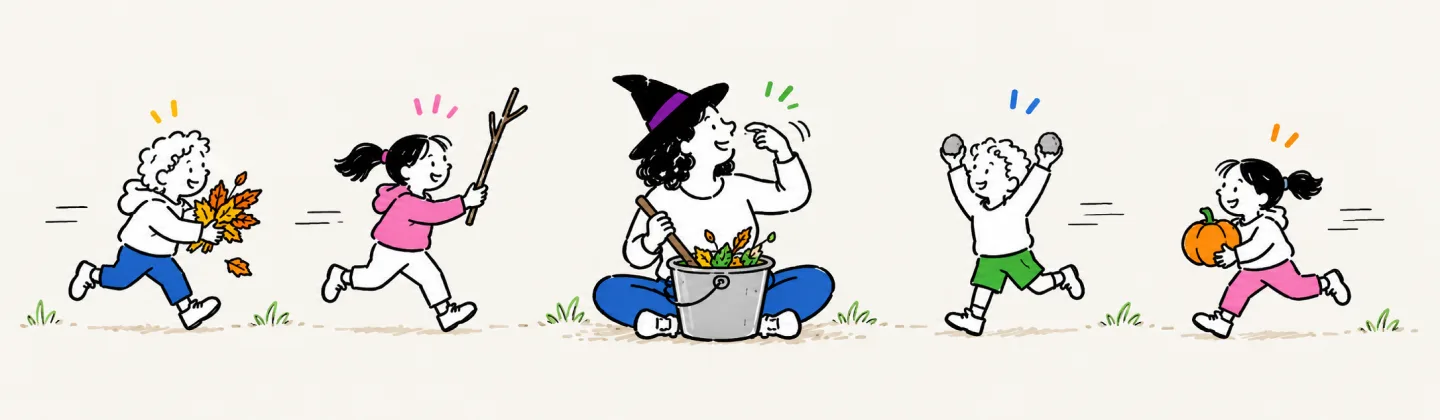A grown-up in a witch hat sits cross-legged stirring a bucket while four kids run in carrying leaves, a wand-shaped stick, two round rocks and a small pumpkin