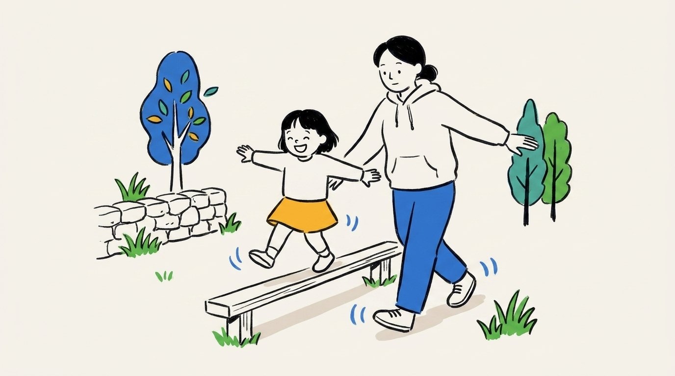 A parent and kid walking along a low beam together, arms out for balance