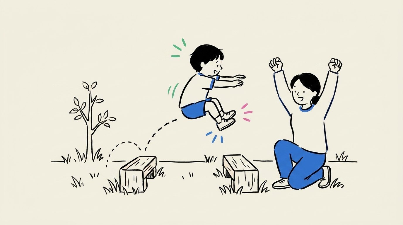 A kid mid-air on a ground-level precision jump between two wooden blocks while a parent cheers