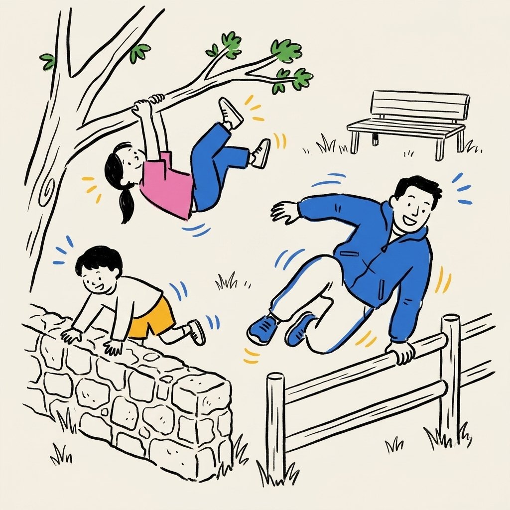 A parent vaulting a rail while two kids climb a wall and hang from a tree branch